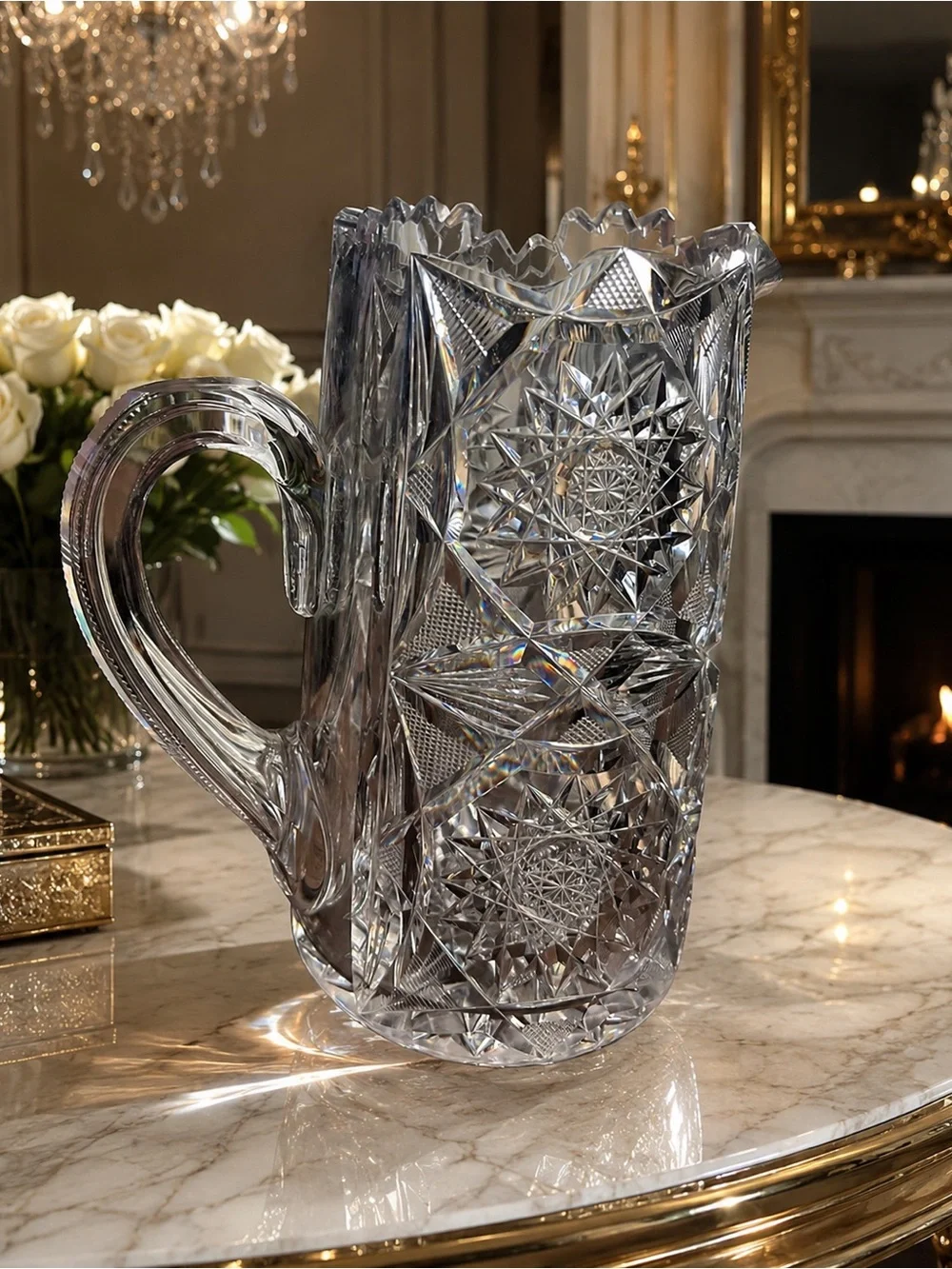Antique American Brilliant Period (ABP) Cut Glass Pitcher, Starburst Pattern